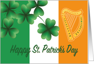 St Patrick’s Day Green Shamrocks and Orange Harp over Irish Flag card