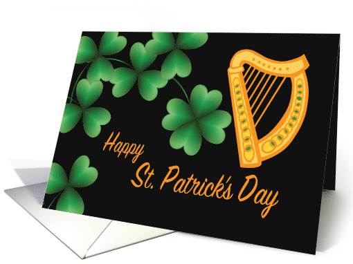 St Patrick's Day Green Shamrocks and Orange Harp on Black card