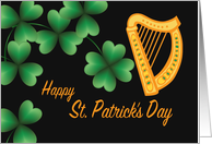 St Patrick’s Day Green Shamrocks and Orange Harp on Black card