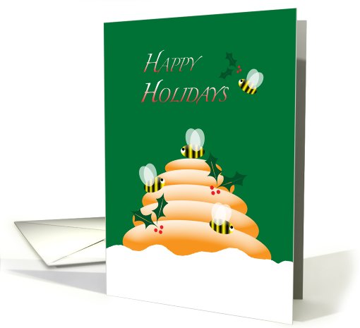 Happy Holidays Christmas Honey Bees, Holly and Hive Beekeeping card