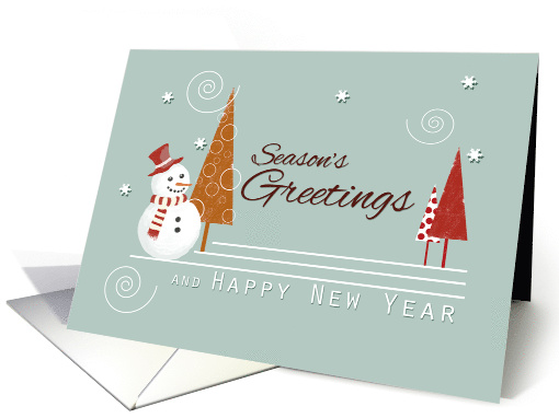 Season's Greetings Christmas with Snowman and Colorful Trees card