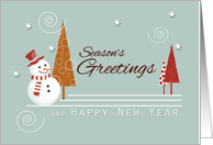 Season’s Greetings Christmas with Snowman and Colorful Trees card