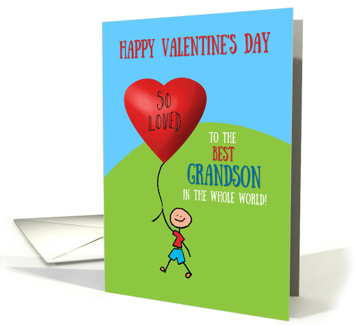 Grandson Happy Valentine's Day Kid Stick Figure with Balloon card