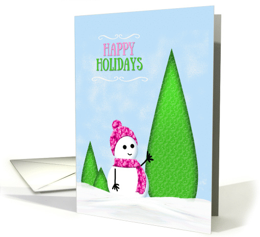 Happy Holidays Christmas with Snowgirl in Pink Scarf and Hat card