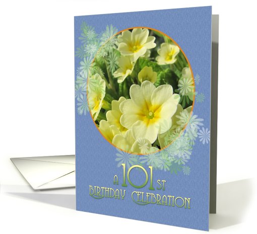 101st Birthday Party Invitation Primroses Blue and Yellow card