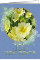101st Birthday Party Invitation Primroses Blue and Yellow card