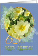 65th Birthday Primroses Blue and Yellow card