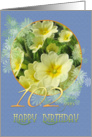 102nd Birthday Primroses Blue and Yellow card
