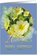 104th Birthday Primroses Blue and Yellow card
