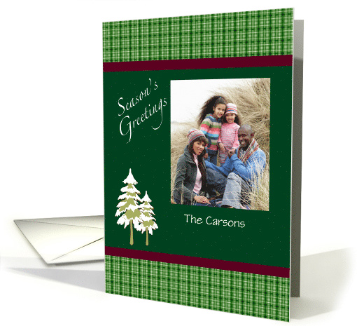 Season's Greetings Snow Covered Trees Burgundy/Green Plaid Photo card