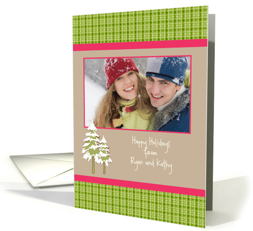 Christmas Holiday Snow Covered Trees Pink/Green Plaid Photo card