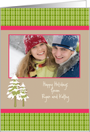 Christmas Holiday Snow Covered Trees Pink/Green Plaid Photo card