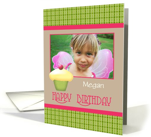 Happy Birthday Cupcake Pink and Green Plaid Your Photo card (852111)