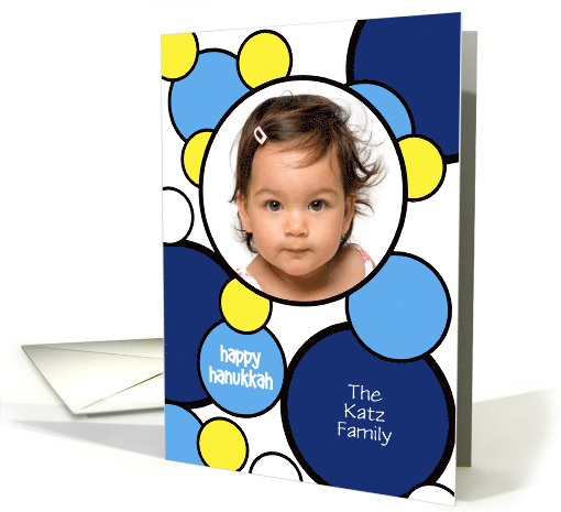 Happy Hanukkah Blue and Yellow Circles Modern Graphic Photo card