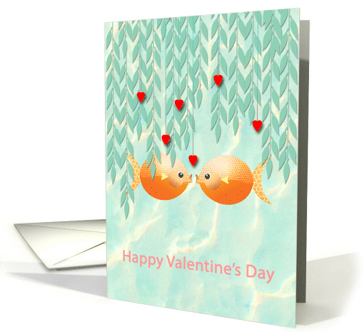 Happy Valentine's Day Red Hearts Cute Kissing Goldfish in Pond card
