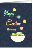 Custom Name Happy Easter Emma Tumbling Chicks in Egg Denim Look card