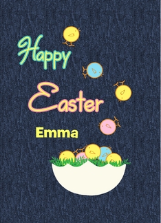Custom Name Happy Easter Emma Tumbling Chicks in Egg Denim Look