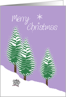 Merry Christmas Evergreen Trees and Mice in Snow Lavender Candy card