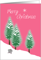 Merry Christmas Evergreen Trees and Mice in Snow Pink Candy card