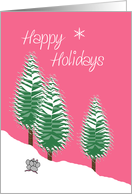 Happy Holidays Evergreen Trees and Mice in Snow Pink Candy card