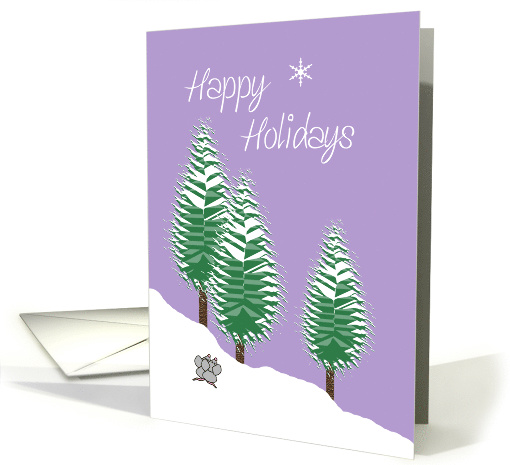 Happy Holidays Evergreen Trees and Mice in Snow Lavender Candy card