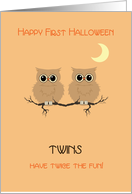 First Halloween Twins Cute Owls on Tree Branch with Moon card
