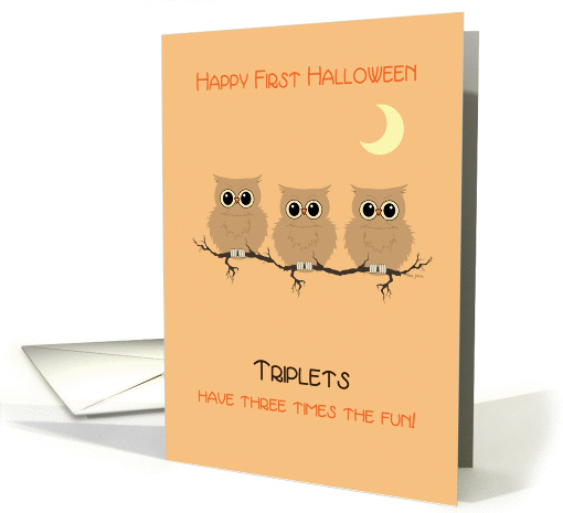 First Halloween Triplets Cute Owls on Tree Branch with Moon card