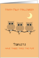 First Halloween Triplets Cute Owls on Tree Branch with Moon card