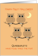 First Halloween Quadruplets Cute Owls on Tree Branch with Moon card