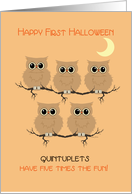 First Halloween Quintuplets Cute Owls on Tree Branch with Moon card