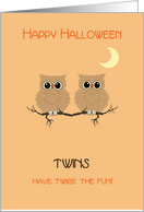 Halloween Twins Cute Owls on Tree Branch with Moon card