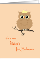 Sister First Halloween Cute Owl on Tree Branch with Princess Crown card