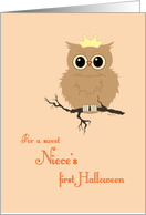 Niece First Halloween Cute Owl on Tree Branch with Princess Crown card