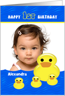 First Birthday Photo Card with Yellow Rubber Duckies card