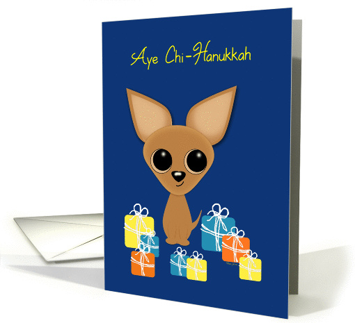 Happy Hanukkah Tan Cartoon Chihuahua and Presents Humor card (986027)