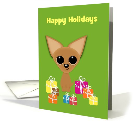 Happy Holidays Tan Cartoon Chihuahua and Presents Humor... (996689)