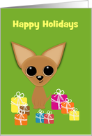 Happy Holidays Tan Cartoon Chihuahua and Presents Humor Custom Text card