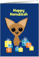 Happy Hanukkah Tan Chihuahua and Presents Custom Text card