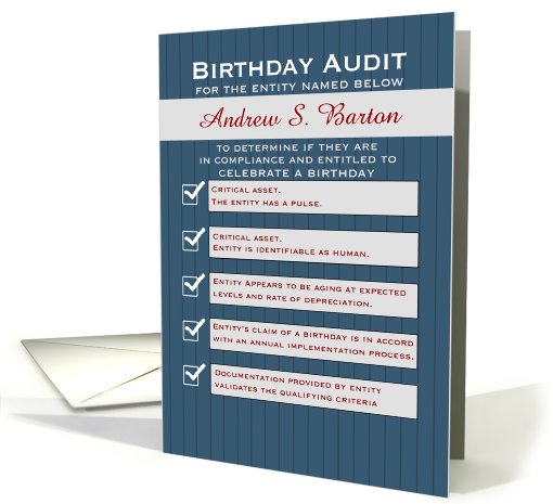 Birthday Compliance Auditor Humor Navy Pinstripe Customizable. card