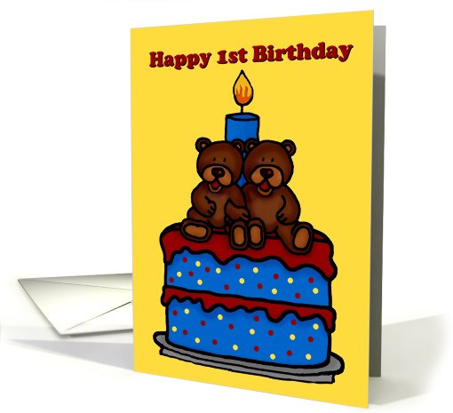 twin bears on a 1st birthday cake card (362068)