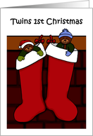 twins 1st Christmas bears in stockings card