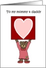 girl bear holding a card for her mommy and daddy card