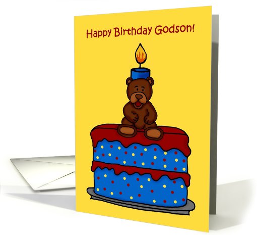 birthday boy bear on cake to godson card (559430)