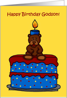 birthday boy bear on cake to godson card