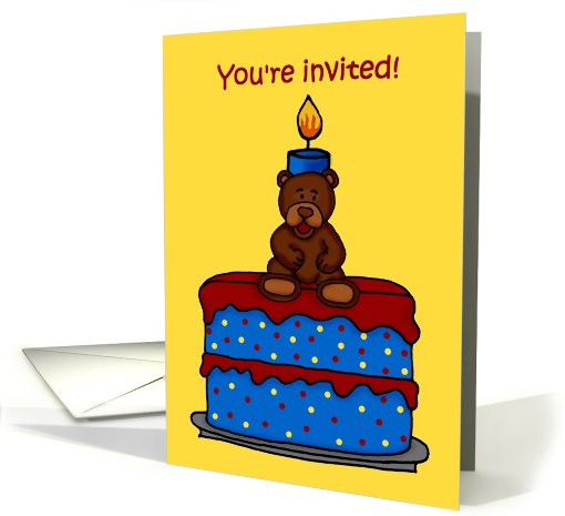 boy bear on a birthday cake party invitation card (560197)