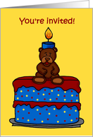 boy bear on a birthday cake party invitation card