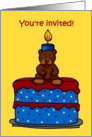 boy bear on a birthday cake party invitation card
