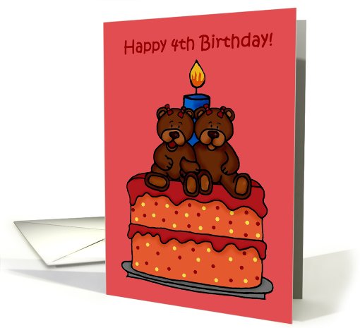 twin girl bears on a 4th birthday cake card (561108)
