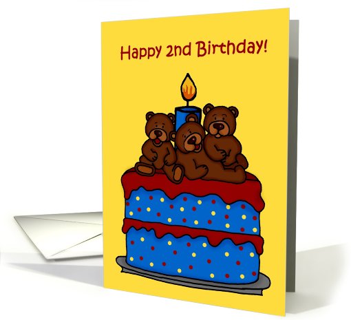 triplet bears on a 2nd birthday cake card (561113)