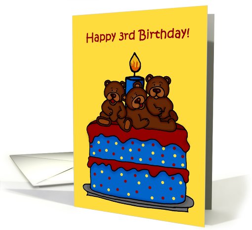 triplet bears on a 3rd birthday cake card (561115)